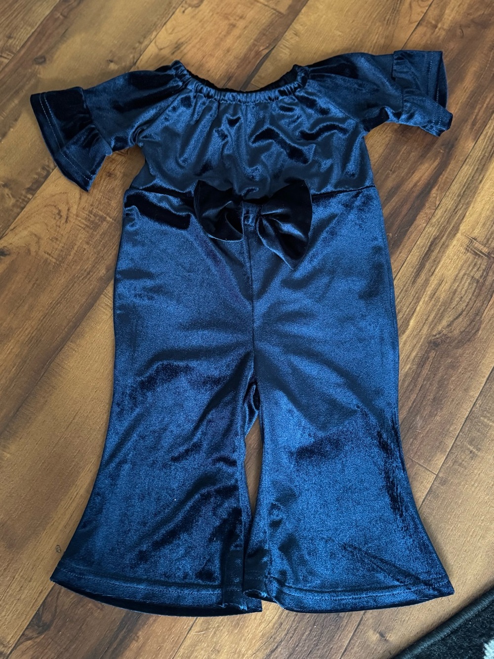 Little Sun Baby girl Navy Velvet Pants Jumpsuit with Bow 12 months